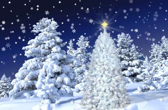 Star Snowflake Snowfall Snow Tree Forest Holiday Christmas wallpapers hd quality