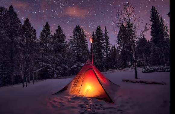 Star Starry Sky Forest Camping Light Tent Night Snow Photography Winter wallpapers hd quality