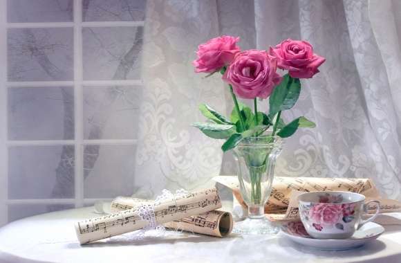 Still Life with Tea Cup and Pink Roses wallpapers hd quality