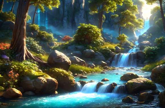 Stream Forest Artistic AI Art Waterfall wallpapers hd quality