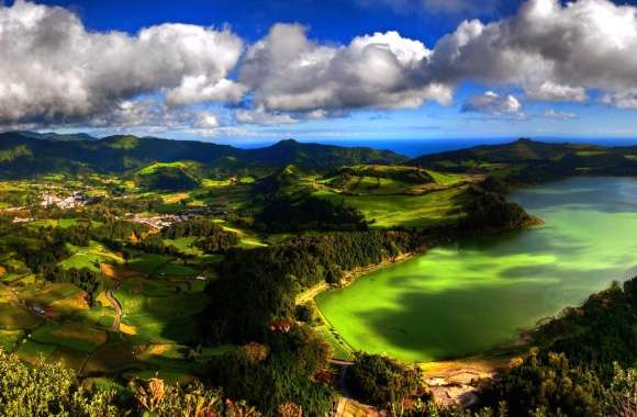 Stunning Azores Panorama of Forested Lake and Clouds