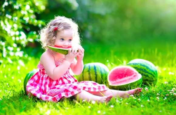 Summer Delight A Little Girl Enjoying Watermelon in a Sunny