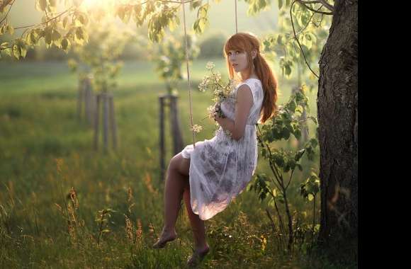 Sunny Day Swing - Redhead Model in Dress wallpapers hd quality