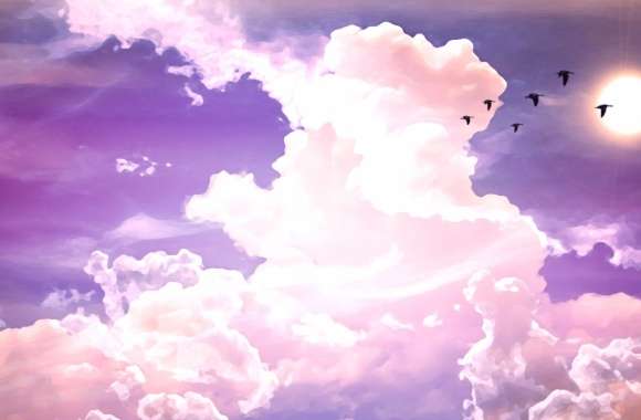 Sunshine Sun White Cloud Flying Bird Artistic Painting