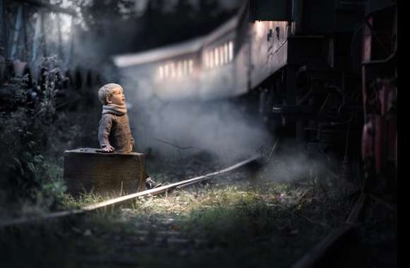 Train Suitcase Little Boy Night Photography Child