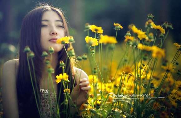 Tranquil Beauty Asian Woman Amidst Blossoms