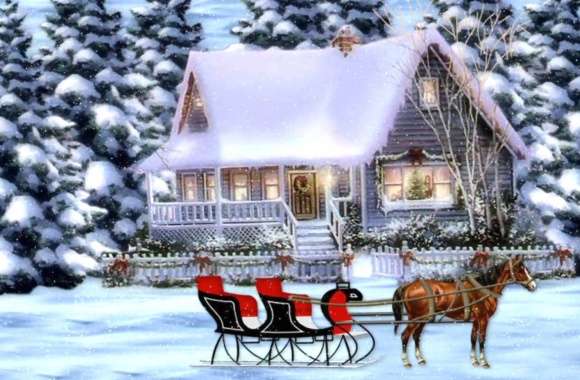 Tree Snow Winter House Sleigh Reindeer Holiday Christmas Wallpaper