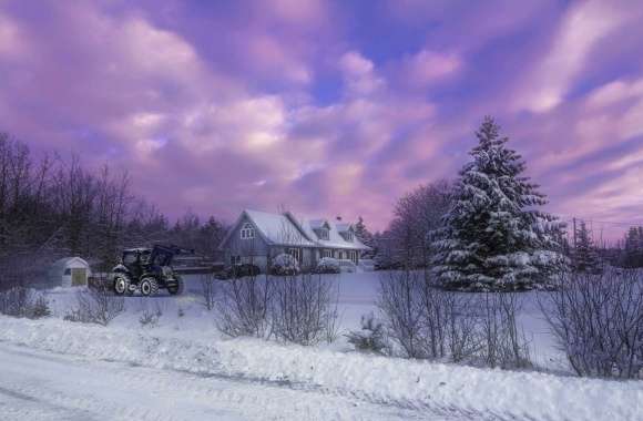 Tree Sunset Snow Country Tractor Farm House Purple Cloud Sky Photography Winter