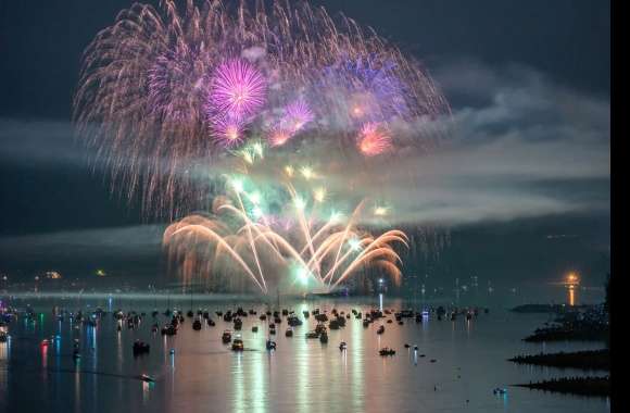 Vancouver Night Fireworks Over Ocean -