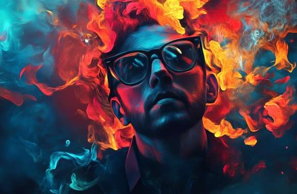 Vibrant Artistic Featuring a Stylish Man in Glasses