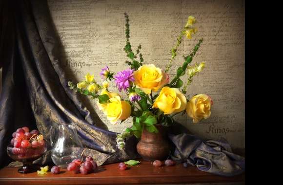 Vibrant Yellow Flowers and Grapes Still Life