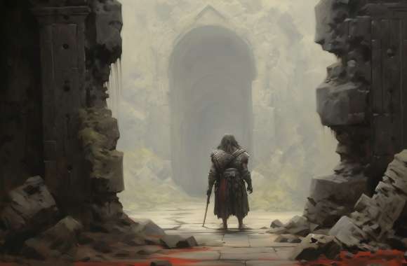 Warrior Approaching Ancient Castle Ruins