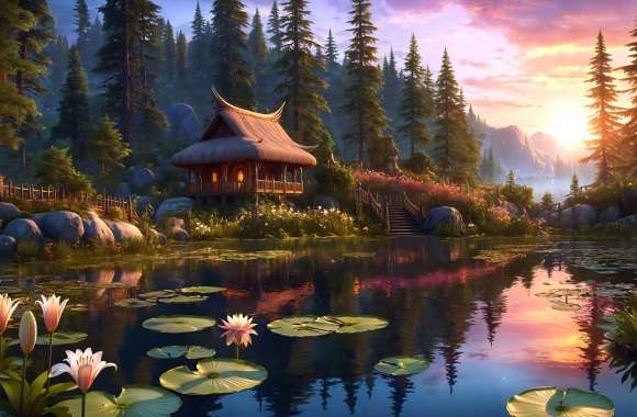 Water Lily Fantasy Lake Cottage Forest