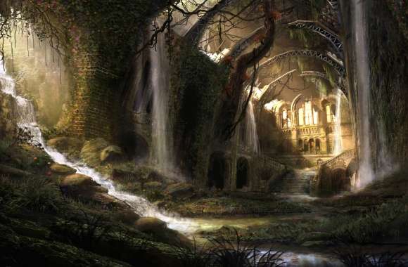 Waterfall Ruins Sci-Fi Post Apocalyptic