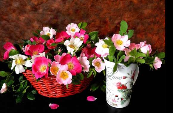 White Flower Pink Flower Love Cup Basket Flower Photography Still Life