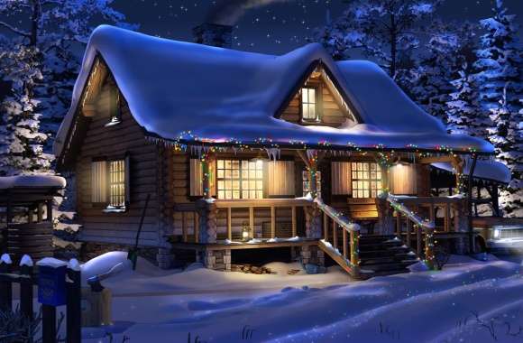 Winter Cabin Wonderland HD Christmas Wallpaper