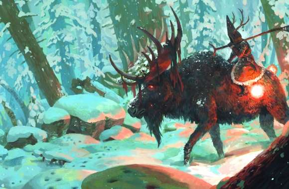 Winter Fantasy Warrior in Enchanted Deer Forest -