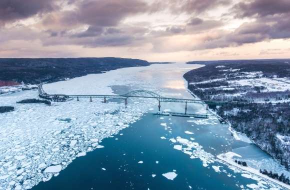 Winter Horizon Bridge River Nature Photography Landscape wallpapers hd quality