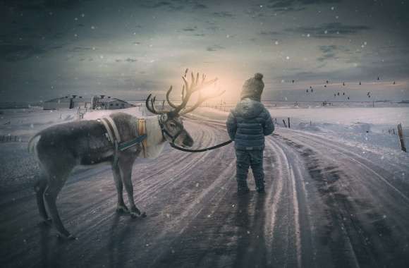 Winter Journey Child and Reindeer wallpapers hd quality