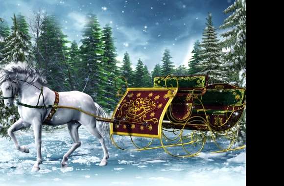 Winter Snow Sleigh White Horse Holiday Christmas