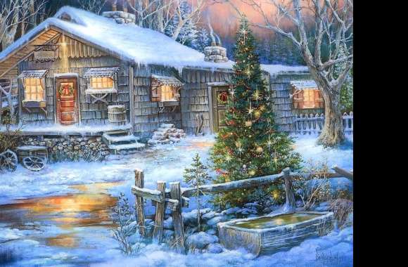 Winter Snow Tree Christmas Tree Country House Christmas Holiday Artistic Painting Wallpaper
