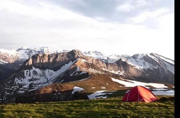 Winter Valley Camping Stunning of Snowy Mountains