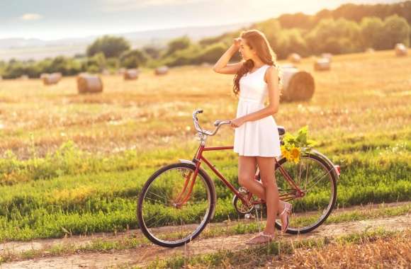 Woman and Bicycle in Field - wallpapers hd quality