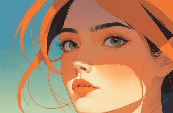 Woman Orange hair Thoughtful expression Stylized illustration Warm tones Serene atmosphere