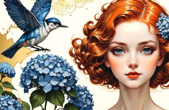 Woman Red hair Makeup Blue flowersblossoms Birds Art Nouveau Ethereal Serene Golden hue
