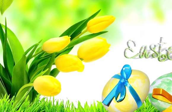 Yellow Flower Ribbon Easter Egg Egg Close-up Tulip Holiday Easter